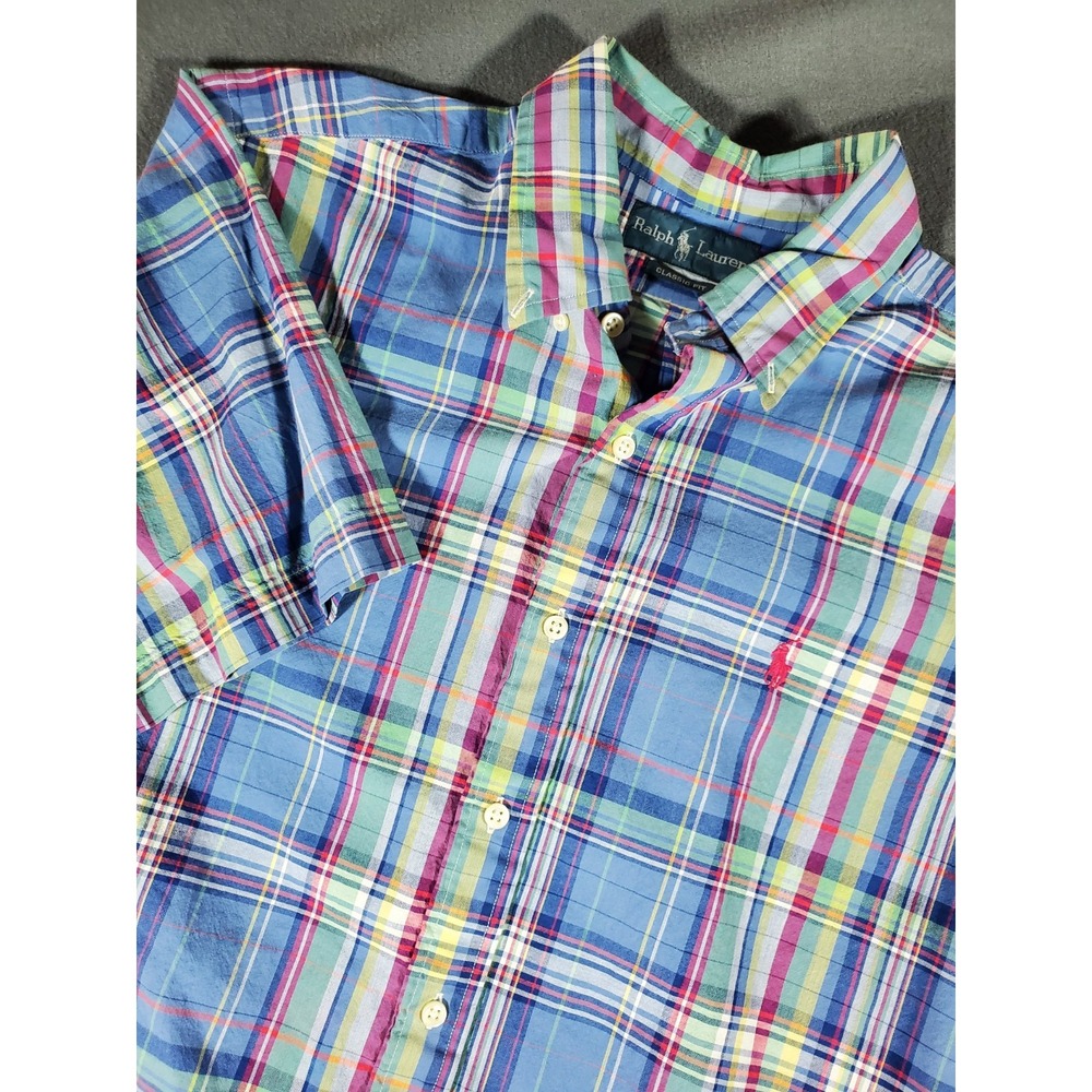 Ralph Lauren Mens Classic Fit Plaid Button Down SS Shirt L  Multicolor Pink Pony